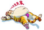  2016 absurd_res anthro belly black_fur bowser bulge cat claws clothed clothing digital_drawing_(artwork) digital_media_(artwork) feline fur griz_urso hair hi_res hindpaw koopa lying male mammal mario_bros meowser nintendo on_back overweight overweight_male pawpads paws pink_clothing pink_pawpads pink_speedo pink_underwear purring red_hair scalie simple_background smile solo speedo spikes swimsuit teeth text toes underwear video_games whiskers white_background white_hair wrist_cuff 