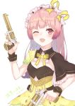  ;d atelier_(series) atelier_lydie_&amp;_suelle blush bow bowtie breasts cleavage dated gun hairband highres long_hair maccha_shiratama medium_breasts one_eye_closed open_mouth pink_hair smile solo suelle_marlen weapon white_background 