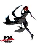  atlus belt black_coat black_tailcoat boots brown_belt coat commentary dynamic_pose english_commentary glasses holding holding_weapon kamishiro_nagisa official_art persona persona_5 persona_5:_the_phantom_x red_eyes red_hair rimless_eyewear tailcoat weapon wonder_(p5x) 