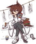  0840gannbru 1girl agnes_tachyon_(tach-nology)_(umamusume) agnes_tachyon_(umamusume) animal_ears beaker black_necktie black_pantyhose book book_stack boots brown_hair character_doll closed_mouth commentary crossed_legs doll erlenmeyer_flask flask full_body highres horse_ears horse_girl horseshoe lab_coat looking_at_viewer necktie pantyhose pasteur_pipette sitting smile solo split_mouth sweater t-head_trainer_(umamusume) trainer_(umamusume) umamusume white_boots yellow_sweater 