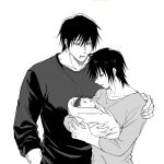  1girl 2boys aged_down baby baby_carry carrying closed_eyes closed_mouth commentary_request family fushiguro_megumi fushiguro_touji greyscale hand_in_pocket hand_on_another's_shoulder height_difference highres jj59u jujutsu_kaisen long_sleeves looking_at_another megumi's_mother_(jujutsu_kaisen) monochrome multiple_boys short_hair simple_background sleeping swaddled upper_body white_background 