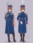  belt black_footwear blue_coat boots brown_hair commentary_request contrapposto epaulettes genso grey_background hat long_sleeves looking_at_viewer medal military military_uniform multiple_girls original peaked_cap saber_(weapon) scabbard shako_cap sheath simple_background standing sword uniform weapon 