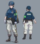  belt black_footwear blue_eyes blue_hat blue_jacket boots brown_hair clipboard commentary_request contrapposto genso gloves grey_background hat holding holster jacket long_sleeves multiple_views original pants police police_uniform policewoman ponytail pouch simple_background standing sweater uniform walkie-talkie watch white_gloves wristwatch 