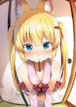  animal_ear_fluff animal_ears bangs bare_shoulders blonde_hair blue_eyes blush closed_mouth collarbone commentary_request detached_sleeves eyebrows_visible_through_hair fisheye food fox_ears greatmosu heart heart-shaped_pupils highres incoming_pocky_kiss kemomimi_oukoku_kokuei_housou mikoko_(kemomimi_oukoku_kokuei_housou) pocky pocky_kiss red_hair shared_food solo symbol-shaped_pupils thighhighs twintails white_legwear 