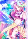  ;p angel_wings artist_name breasts cross edwardjsus feathered_wings gloves gradient_hair halo jibril_(no_game_no_life) large_breasts long_hair low_wings magic_circle midriff mismatched_legwear multicolored_hair navel no_game_no_life one_eye_closed pink_hair sideboob solo symbol-shaped_pupils tattoo tongue tongue_out very_long_hair watermark web_address wing_ears wings yellow_eyes 