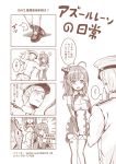  1boy 2girls 4koma :d :o absurdres ahoge azur_lane bangs bare_shoulders blush breasts chin_stroking cleavage closed_eyes closed_mouth comic commander_(azur_lane) commentary detached_sleeves dress eyebrows_visible_through_hair greyscale hair_between_eyes hair_ornament hand_on_own_chest hat heart helena_(azur_lane) highres holding holding_sign jitome large_breasts long_hair long_sleeves military_hat military_jacket monochrome multiple_girls one_side_up open_mouth pants parted_lips peaked_cap shoes sign slapping sleeveless sleeveless_dress smile speech_bubble st._louis_(azur_lane) surprised tama_yu translated very_long_hair watermark web_address 