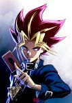  black_hair blonde_hair card chain collar commentary gold_chain highres jewelry kanta-kun male_focus millennium_puzzle multicolored_hair mutou_yuugi necklace purple_eyes solo spiked_hair yuu-gi-ou yuu-gi-ou_duel_monsters 