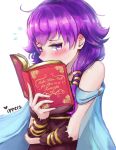  bare_shoulders blush book book_focus cape commentary dress embarrassed english_commentary fire_emblem fire_emblem:_seima_no_kouseki gloves highres holding holding_book ippers lute_(fire_emblem) open_book purple_eyes purple_hair reading short_hair solo twintails wrist_cuffs 
