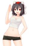  :d arm_up bangs bare_arms bike_shorts bike_shorts_pull black_hair breasts cleavage cowboy_shot crop_top eyebrows_visible_through_hair hair_between_eyes hat looking_at_viewer medium_breasts miyo_(ranthath) navel open_mouth pom_pom_(clothes) pulled_by_self red_eyes red_hat shameimaru_aya simple_background smile solo tokin_hat touhou white_background 
