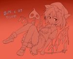  ascot bangs bow brown_background closed_mouth dated eyebrows_visible_through_hair flandre_scarlet full_body gradient gradient_background hat holding laevatein loafers looking_at_viewer miyo_(ranthath) mob_cap monochrome red_eyes shoes short_sleeves side_ponytail skirt skirt_set smile socks solo touhou 