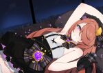  1girl absurdres bare_shoulders black_bow black_bowtie black_gloves black_skirt bow bowtie brooch commentary english_commentary facial_mark flat_chest gloves hair_ornament hair_over_one_eye highres holding holding_microphone indie_virtual_youtuber jewelry long_hair lying microphone multicolored_bow night nina_saotome nina_saotome_(nina_2.0) on_back orange_hair petals pillow purple_eyes purple_petals shirt skirt sky smile solo star_brooch striped_bow striped_bowtie striped_clothes suspender_skirt suspenders valefal_coneri virtual_youtuber white_shirt 