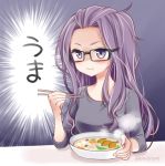  black-framed_eyewear breasts eating glasses houtou_(food) kabocha kagamihara_sakura kawanobe long_hair medium_breasts mushroom purple_hair solo translated udon yurucamp 