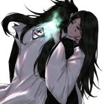  1boy 1girl anima_tion_1 black_hair bleach bleach:_sennen_kessen-hen blood blood_on_face blue_eyes expressionless haori height_difference highres japanese_clothes long_hair magic shihakusho taichou_haori unohana_retsu very_long_hair white_haori wide_sleeves zaraki_kenpachi 