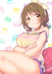  bangs bare_shoulders blue_shorts blush breasts brown_eyes brown_hair cake camisole commentary_request cookie cupcake doughnut eyebrows_visible_through_hair food fuji_fujino hair_ribbon hairband highres hips ice_cream_cone idolmaster idolmaster_cinderella_girls idolmaster_cinderella_girls_starlight_stage large_breasts lotion low_twintails macaron mimura_kanako pancake pillow plump pudding ribbon short_hair short_twintails shorts sitting smile solo strap_slip striped_camisole swept_bangs thighs twintails white_background 
