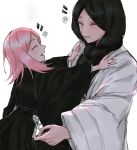  2girls anima_tion_1 black_hair black_kimono bleach blush_stickers braid closed_eyes haori highres japanese_clothes kimono kusajishi_yachiru medium_hair multiple_girls pink_hair shihakusho size_difference taichou_haori unohana_retsu white_haori wide_sleeves 