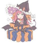  :d animal bangs bare_shoulders black_cat black_hat black_wings blade_(galaxist) blue_eyes blush bow cat crossed_arms curled_horns demon_tail detached_sleeves dragon_horns dress elizabeth_bathory_(fate) elizabeth_bathory_(fate)_(all) eyebrows_visible_through_hair fang fate/extra fate/extra_ccc fate_(series) frilled_hat frills hair_between_eyes hair_bow hat horns horns_through_headwear jack-o'-lantern long_hair long_sleeves looking_at_viewer low_wings multicolored multicolored_clothes multicolored_dress open_mouth orange_bow pink_hair print_hat simple_background smile solo star star_print striped tail upper_body vertical-striped_dress vertical_stripes very_long_hair white_background wings witch_hat 