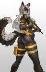 2026 absurd_res anthro biped bottomwear breasts clothed clothed_anthro clothed_female clothing digital_drawing_(artwork) digital_media_(artwork) female fingers fully_clothed fully_clothed_anthro fully_clothed_female fur gloves gun hair handwear hi_res looking_at_viewer mammal pgm300 ranged_weapon rear_view simple_background smile solo standing tail topwear weapon