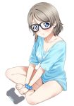  aqua_shirt bare_legs barefoot bespectacled black-framed_eyewear blue_eyes blush bottomless brown_hair clothes_writing collarbone controller covered_nipples frown game_controller gamepad glasses highres indian_style looking_at_viewer love_live! love_live!_sunshine!! naked_shirt no_bra polka_dot polka_dot_scrunchie rozen5 scrunchie shirt short_hair simple_background sitting solo sweatdrop t-shirt watanabe_you white_background wrist_scrunchie 