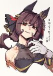  1girl animal_ears breasts brown_hair cleavage commentary_request detached_sleeves ear_covers ear_ornament gentildonna_(regina_dei_fiori)_(umamusume) gentildonna_(umamusume) gloves gold_embroidery hair_between_eyes hair_ornament heart_ear_ornament highres horse_ears horse_girl large_breasts long_hair looking_at_viewer red_eyes see-through_cleavage see-through_clothes smile solo strong takatsuki_nato umamusume white_gloves 