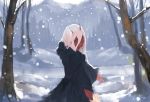  akasen aqua_eyes bare_tree black_robe darling_in_the_franxx hair_between_eyes highres hood hood_down hooded_robe horns long_hair long_sleeves looking_at_viewer looking_back outdoors outstretched_arms pink_hair red_skin robe sharp_teeth smile snow snowing solo spoilers teeth tree zero_two_(darling_in_the_franxx) 