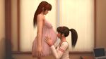  2girls brown_hair clothed dead_or_alive eyes_closed hairband hitomi_(doa) kasumi_(doa) kissing long_hair multiple_girls ponytail pregnant red_hair thepolterghost tied_hair 