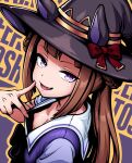  1girl absurdres alkaid_exec animal_ears bow braid braided_hair_rings breasts brown_hair character_name clothes_pull english_commentary fang finger_to_cheek from_side hair_rings hat hat_bow highres horse_ears horse_girl long_hair looking_at_viewer nipples open_mouth outline purple_background purple_eyes purple_shirt sailor_collar school_uniform shirt shirt_pull sidelocks small_breasts smile solo sweep_tosho_(umamusume) text_background tracen_school_uniform twintails umamusume white_sailor_collar witch_hat yellow_outline 