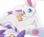  ancesra blue_eyes blush digimon feline female fur gatomon looking_at_viewer mammal simple_background smile solo whiskers white_fur 