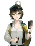  1girl :d black_vest blasgem box breasts brown_hair cleavage cup drinking_glass green_eyes green_hat hands_up hat hat_feather highres holding holding_box holding_cup looking_at_viewer open_clothes open_vest recoleta_(reverse:1999) reverse:1999 shirt short_hair side_cape smile solo upper_body vest white_background white_shirt 