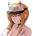  1girl absurdres bandaid bandaid_on_cheek bandaid_on_face bare_shoulders black_choker blonde_hair blue_eyes breasts choker cleavage collarbone commentary_request cutoli_ukuwa ear_piercing earpiece goddess_of_victory:_nikke grin hair_between_eyes hat highres large_breasts light_blush looking_at_viewer maxwell_(nikke) multiple_piercings piercing short_hair short_hair_with_long_locks sidelocks simple_background smile solo sports_bra teeth typo upper_body visor_cap white_background white_hat white_sports_bra 