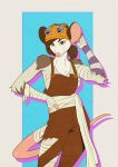 2024 american_opossum anthro arm_wraps athletic athletic_anthro athletic_female biped breasts brown_clothing brown_ears brown_hair brown_overalls chest_wraps clothing cosplay female fur geometric_background green_eyes grey_body grey_fur hair hairless_tail hand_on_hip headgear headwear hi_res jarofloosescrews leg_wraps looking_at_viewer mammal marsupial molly_(iamrman) multicolored_body multicolored_fur overalls pink_inner_ear pink_tail ponytail portrait pose purple_body purple_fur simple_background solo tail tail_wraps tan_body tan_fur three-quarter_portrait torn_clothing usopp white_body white_fur wraps