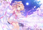  2018 :d angel_wings artist_name bangs bare_shoulders blonde_hair blue_eyes blurry blush bow breasts cherry_blossoms cleavage_cutout copyright_name covered_navel depth_of_field detached_collar dress elbow_gloves emori_el emori_miku_project eyebrows_visible_through_hair feathered_wings flower frills full_moon gloves hair_bow highres in_tree knees_together_feet_apart lace lace-trimmed_gloves leg_ribbon long_hair looking_at_viewer moon night night_sky open_mouth petals pink_ribbon ribbon sakura_moyon side_slit sitting sky small_breasts smile solo sparkle star_(sky) starry_sky strapless strapless_dress tree two_side_up white_bow white_dress white_gloves white_wings wings wrist_ribbon 