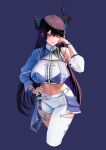 1girl absurdres asymmetrical_clothes asymmetrical_horns asymmetrical_sleeves black_hair blue_background blue_hair blue_nails blue_sleeves breasts center_frills closed_mouth collared_shirt colored_inner_hair commentary cropped_legs cropped_shirt detached_sleeves english_commentary flower frills hand_on_own_hip hand_up highres hololive hololive_english hololive_idol_uniform_(color_rise) horn_flower horns huge_breasts lazik_1337 long_hair midriff mismatched_sleeves mole mole_under_eye multicolored_hair nail_polish navel nerissa_ravencroft pants puffy_detached_sleeves puffy_short_sleeves puffy_sleeves purple_eyes shirt short_sleeves sidelocks simple_background single_detached_sleeve single_pantsleg single_sleeve slit_pupils smile solo thigh_strap uneven_horns very_long_hair virtual_youtuber white_pants white_shirt white_sleeves 