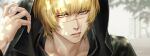  1boy adjusting_hood badeni black_robe blonde_hair blue_eyes chi.:_chikyuu_no_undou_ni_tsuite highres hooded_robe iorbtyn looking_at_viewer male_focus no_eyepatch parted_lips robe scar scar_on_face scar_on_mouth scar_on_nose short_hair solo teeth watermark 