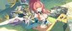  1girl absurdres aemeath_(wuthering_waves) ancle_(aruncle) bare_shoulders breasts chinese_commentary commentary_request elbow_gloves exostrider_(wuthering_waves) gloves glue hair_ornament highres holding long_hair medium_breasts meta model_kit official_art_inset open_mouth orange_eyes pink_hair smile solo star-shaped_pillow tacet_mark_(wuthering_waves) tweezers white_gloves wuthering_waves 