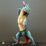  blue_scales bulge clothes_stretching clothing digitigrade flexing green_eyes gundycat horn kobold looking_at_viewer male muscular muscular_chest pockoboldets pose scales scalie slim smile solo underwear yellow_scales 
