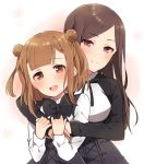  :d absurdres bangs beatrice_(princess_principal) black_bow black_dress black_jacket blush bow brown_eyes brown_hair commentary_request dorothy_(princess_principal) double_bun dress eyebrows_visible_through_hair highres hug hug_from_behind jacket long_hair multiple_girls open_mouth princess_principal purple_eyes school_uniform shirt side_bun smile sorimachi-doufu upper_teeth white_shirt 