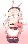 alternative_fashion anthro apron back_bow black_nose blush bodily_fluids bow_(feature) clothed clothing cosplay cuff_(restraint) digital_media_(artwork) dress footwear frilly frilly_apron frilly_clothing gesture gradient_background half-closed_eyes hand_gesture j-fashion looking_aside looking_at_viewer looking_pleasured macropod maid_headdress maid_uniform male mammal marsupial mary_janes mikuru_asahina narrowed_eyes negiwave2000 nickelodeon pink_clothing pink_dress puffy_sleeves raised_tail restraints rocko's_modern_life rocko_rama shoes simple_background solo star sweat sweatdrop tail tan_body the_melancholy_of_haruhi_suzumiya uniform v_sign wallaby wrist_cuffs