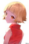  1girl absurdres artist_name blonde_hair blunt_bangs commentary eyelashes flipped_hair from_behind high_collar highres kinrucy kiss-shot_acerola-orion_heart-under-blade kiss-shot_acerola-orion_heart-under-blade_(small) kizumonogatari looking_at_viewer monogatari_(series) oshino_shinobu ringed_eyes shirt short_hair simple_background sleeveless sleeveless_shirt solo untranslatable_commentary very_short_hair white_background yellow_eyes 