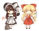 2girls alternate_costume apron ascot back_bow black_hat black_skirt black_vest blonde_hair bow braid broom brown_hair chinese_commentary closed_mouth commentary_request cosplay costume_switch detached_sleeves frilled_bow frilled_hair_tubes frilled_skirt frills full_body gohei hair_bow hair_tubes hakurei_reimu hakurei_reimu_(cosplay) hat hat_bow highres holding holding_gohei kirisame_marisa kirisame_marisa_(cosplay) long_hair multiple_girls nagi_(pixiv_108409221) open_mouth red_bow red_eyes red_skirt ribbon-trimmed_sleeves ribbon_trim side_braid signature single_braid skirt skirt_set smile socks sparkle touhou vest waist_apron white_apron white_bow white_socks witch_hat yellow_ascot yellow_eyes yin_yang 
