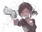  abstract_background aiming ashley_graves black_choker black_hair black_shirt breasts choker cleavage collarbone finger_on_trigger furrowed_brow gun highres holding holding_gun holding_weapon luvoff1cer medium_breasts open_mouth ponytail red_eyes shirt short_hair short_ponytail sketch teeth the_coffin_of_andy_and_leyley upper_body upper_teeth_only weapon white_background 