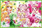  2018 5girls absurdres ahoge animal_ears asahina_mirai bangs bare_shoulders blonde_hair blue_eyes blunt_bangs blush blush_stickers border bow bowtie bunny_ears choker closed_eyes clover_(precure) copyright_name creature cure_miracle cure_whip cure_yell earrings eyebrows_visible_through_hair fake_animal_ears flower framed gloves green_border green_earrings green_hair green_skin hair_flower hair_ornament hairband harryham_harry highres hug-tan_(precure) hugtto!_precure jewelry kagawa_hisashi kirakira_precure_a_la_mode lipstick long_hair magical_girl mahou_girls_precure! makeup mofurun_(mahou_girls_precure!) monster_boy multiple_girls navel nono_hana official_art open_mouth pekorin_(precure) pink_choker pink_earrings pink_eyes pink_hair pink_hairband pink_lipstick pink_neckwear pink_skirt pinky_swear pleated_skirt pointy_ears precure precure_super_stars! puffy_short_sleeves puffy_sleeves red_eyes red_hair red_hairband red_neckwear shirt short_sleeves short_twintails single_stripe skirt smile stuffed_animal stuffed_toy teddy_bear thick_eyebrows twintails usami_ichika wavy_hair white_gloves white_shirt 
