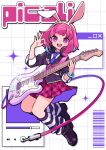  1girl :d animal_ear_hairband animal_ears barcode black_socks blue_necktie blunt_bangs blush_stickers borrowed_character brown_jacket commentary commission dot_nose electric_guitar fake_animal_ears full_body gingham_clothes gingham_skirt guitar hairband headphones headphones_around_neck highres holding holding_guitar holding_instrument holding_plectrum instrument jacket kneehighs koro_ten long_sleeves looking_at_viewer media_player_interface necktie open_mouth original pink_eyes pink_hair pink_skirt pleated_skirt plectrum rabbit_ear_hairband rabbit_ears short_hair skeb_commission skirt smile socks solo sparkle striped_clothes striped_socks untranslatable_commentary white_background white_hairband window_(computing) 