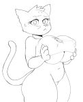  anthro big_breasts bottomless breasts cat clothed clothing feline female fur josieokami mae_(nitw) mammal monochrome night_in_the_woods nipples notched_ear shirt simple_background sweat sweatdrop white_background 