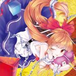  1girl album_cover armpits bare_shoulders blue_skirt blush bow chain chikuwa_savy cover cube feet_out_of_frame frilled_cuffs gourd hair_bow hand_on_own_face highres holding holding_gourd horns ibuki_suika leaf long_hair maple_leaf metal_belt one_eye_closed orange_hair orb red_bow shirt skirt sleeveless sleeveless_shirt smile solo spacelectro tongue tongue_out touhou white_shirt yellow_background 