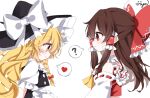  2girls ? apron ascot black_hat black_skirt black_vest blonde_hair blush bow braid brown_hair closed_mouth commentary detached_sleeves frilled_bow frilled_hair_tubes frills hair_bow hair_tubes hakurei_reimu hat hat_bow heart highres kirisame_marisa long_hair multiple_girls nya_(pixiv_100585577) red_bow red_eyes ribbon-trimmed_sleeves ribbon_trim side_braid signature single_braid skirt spoken_heart spoken_question_mark touhou untranslatable_commentary vest white_apron white_bow witch_hat yellow_ascot yellow_eyes 
