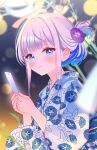  1girl absurdres blue_eyes character_request commentary_request flower hair_flower hair_ornament highres holding indie_virtual_youtuber ito_siki japanese_clothes kimono looking_at_viewer smile virtual_youtuber white_hair yukata 