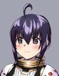  :3 ahoge armor black_eyes blush closed_mouth commentary cowfee english_commentary eyebrows_visible_through_hair grey_background looking_at_viewer mahou_sensei_negima! miyazaki_nodoka purple_hair sidelocks simple_background smile smug solo upper_body 