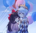  2girls absurdres animal_ears balloon blue_eyes blue_hair blue_sky blush bow braid brown_hair closed_mouth cloud commentary_request daiichi_ruby_(umamusume) diamond_(shape) dress drill_hair drill_sidelocks ear_covers hair_between_eyes hair_bow hat highres horse_ears horse_girl k.s.miracle_(umamusume) long_hair long_sleeves looking_at_viewer looking_back multiple_girls pink_dress purple_eyes red_bow saramiao-chan shirt short_hair side_drill sidelocks sky smile twin_drills umamusume v white_shirt 