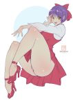  1girl bokuman choke dress gegege_no_kitarou high_heels legs lipstick nekomusume nekomusume_(gegege_no_kitarou_6) purple_hair red_bow red_dress red_footwear solo white_shirt yellow_eyes 