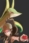  antenna_hair baseball_cap black_vest blue_eyes brown_hair closed_mouth commentary_request eyelashes fingernails gen_5_pokemon hat high_ponytail highres holding holding_poke_ball ikki_(degutaro_) long_hair open_clothes open_vest outstretched_arm poke_ball poke_ball_(generic) poke_ball_theme pokemon pokemon_(creature) pokemon_(game) pokemon_bw serperior shirt simple_background sleeveless sleeveless_shirt smile snake solo touko_(pokemon) upper_body vest white_shirt wristband 